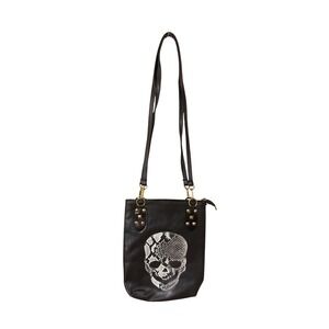 Black Faux Leather Skull Crossbody Bag Snakeskin Print Gold Studded Messenger